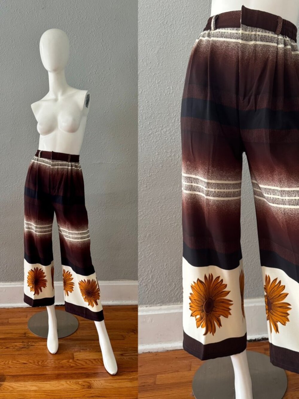 Vintage 60s Sunflower High Waist Hippie Boho Wide Leg Pants XS/S